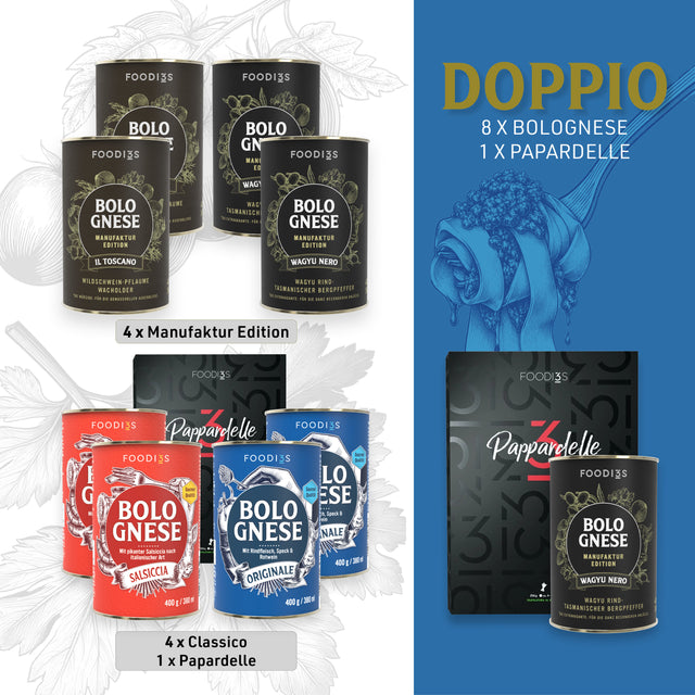 Tasting Box Doppio: eight cans of Bolognese, four from the Manufaktur Edition and four Classico, plus Pappardelle