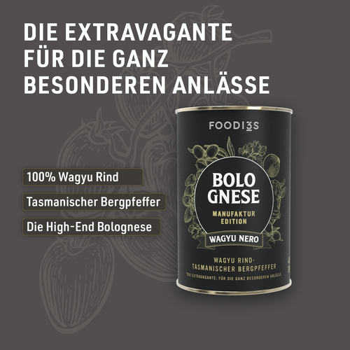 Dose Bolognese Wagyu Nero aus der Manufaktur Edition vor dunkelgrauem Hintergrund