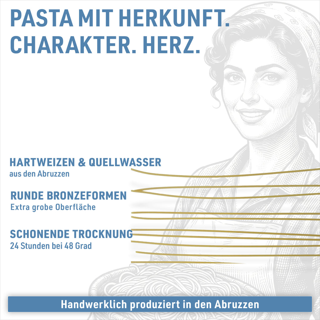 Spaghetti: italienischer Hartweizen, runde Bronzeformen, 36 bis 48 Stunden langsam getrocknet