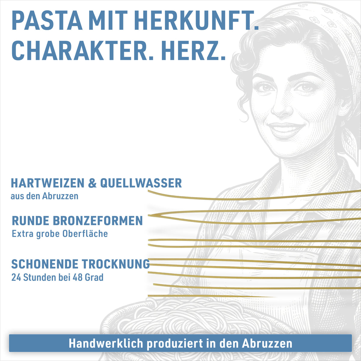 Spaghetti: italienischer Hartweizen, runde Bronzeformen, 36 bis 48 Stunden langsam getrocknet