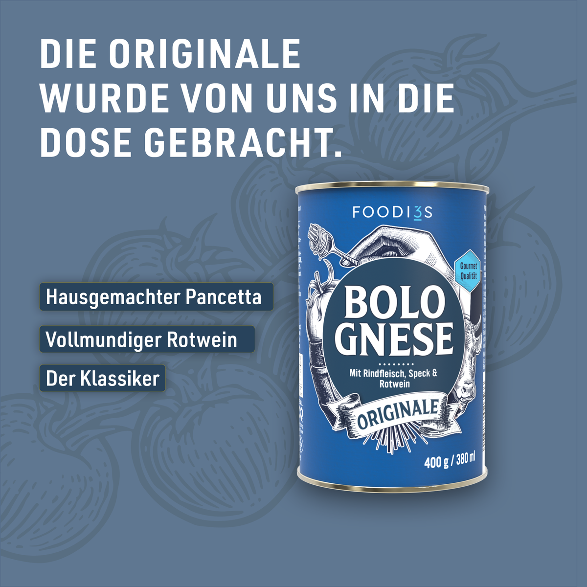 Boîte de Bolognese Originale sur fond bleu